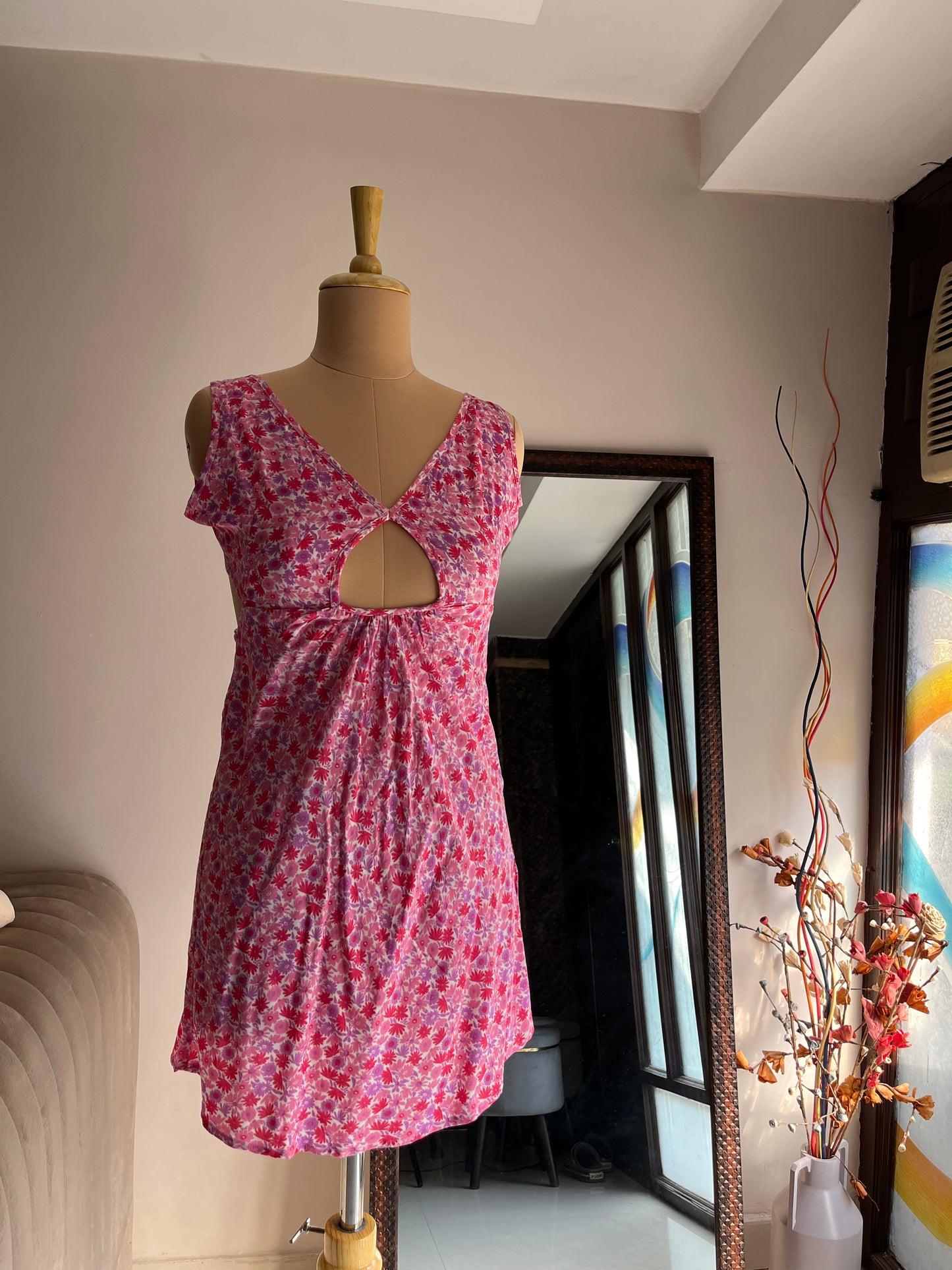 Pink Floral Cut Out Dress