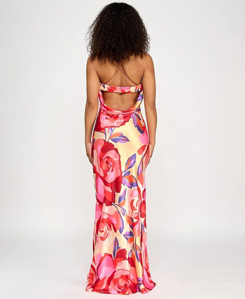 Printed Satin Long Dress