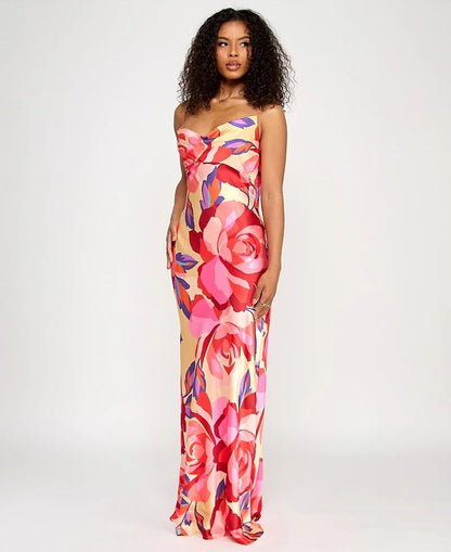 Printed Satin Long Dress