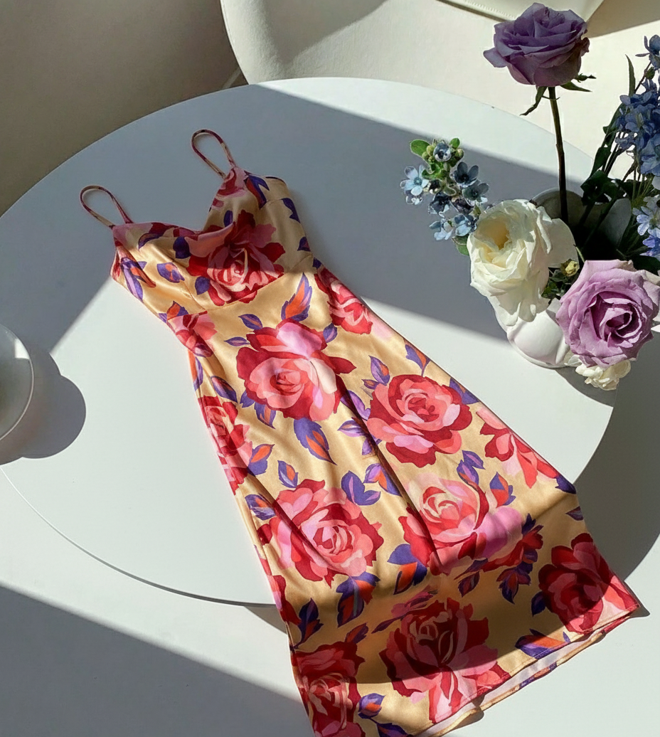 Printed Satin Long Dress