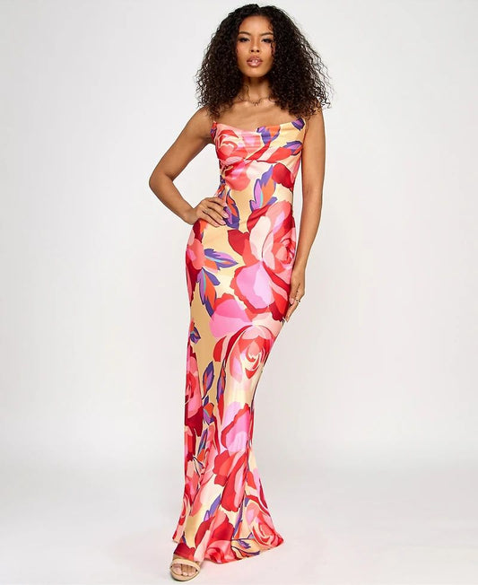 Printed Satin Long Dress